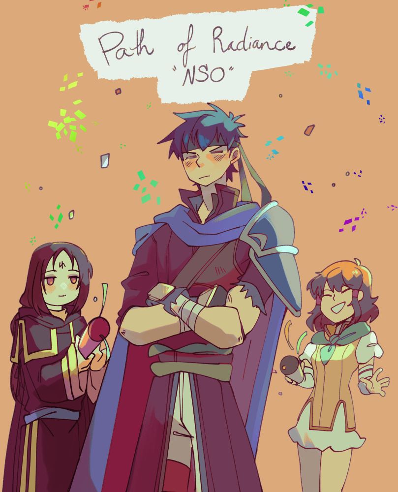 Fire Emblem: Path of Radiance illustration showing Ike being celebrated by Mist and Soren for showing up on the Nintendo Direct as the only FIre Emblem mentioned. Yayyyy yippeeee yahooooo 