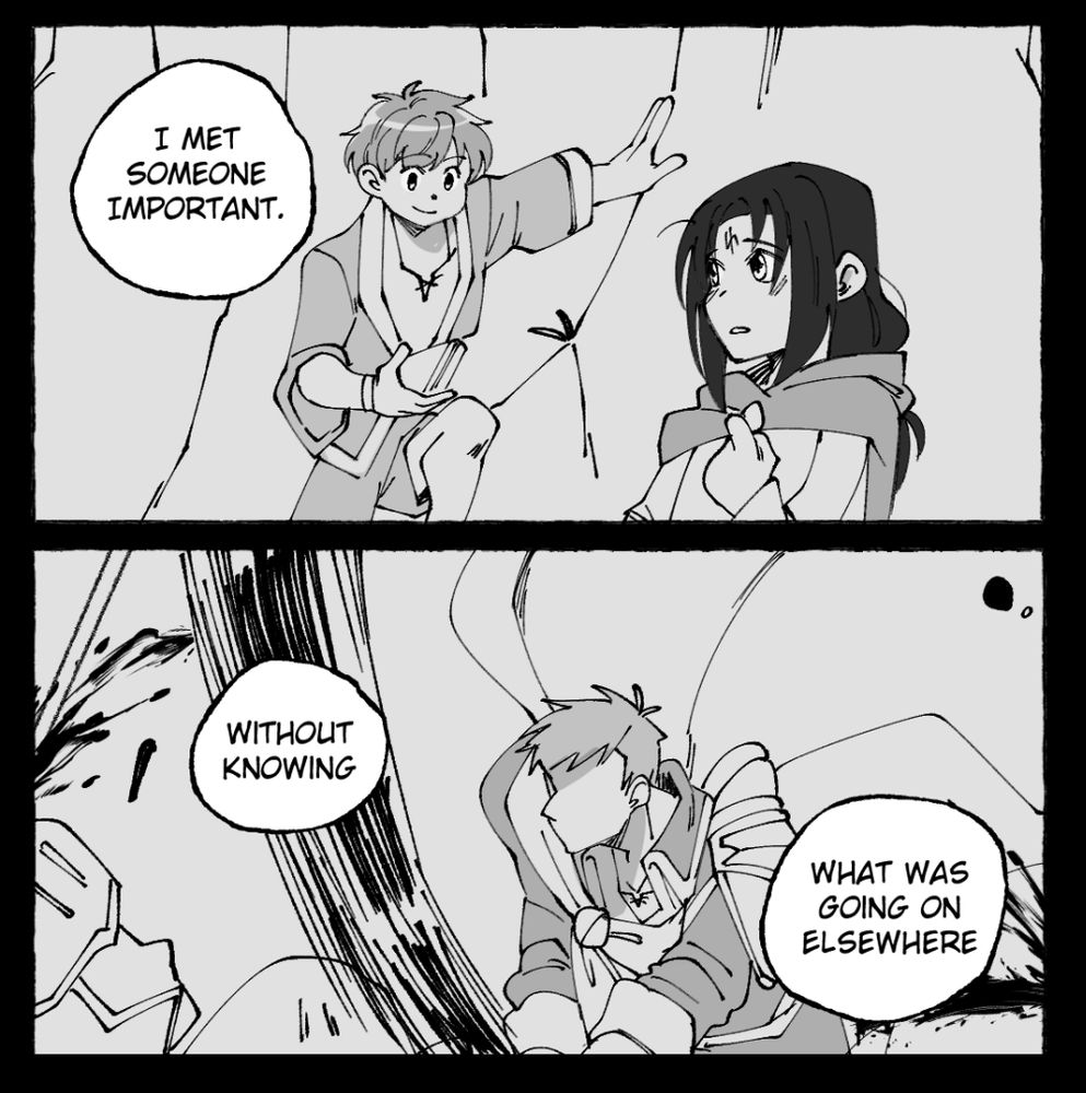 3) Ike is seen leaning on a tree like a true American and handing Soren a sandwich his mother made.

"I met someone important."

4) Panel showing Greil going mad from the medallion and cutting soldiers down. Ike is still narrating. 

"Without knowing what was going on elsewhere." 