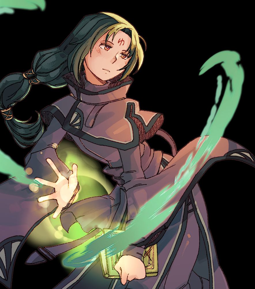 Soren from Fire Emblem: Radiant Dawn casting magic. A backgroundless drawing  for a standee, I think. 