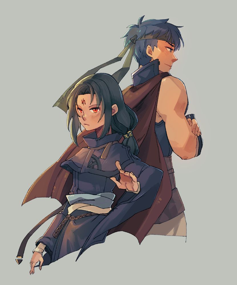 Ike and Soren from Fire Emblem: Radiant Dawn back to back. Little sketch with Soren up front and Ike turned away. 