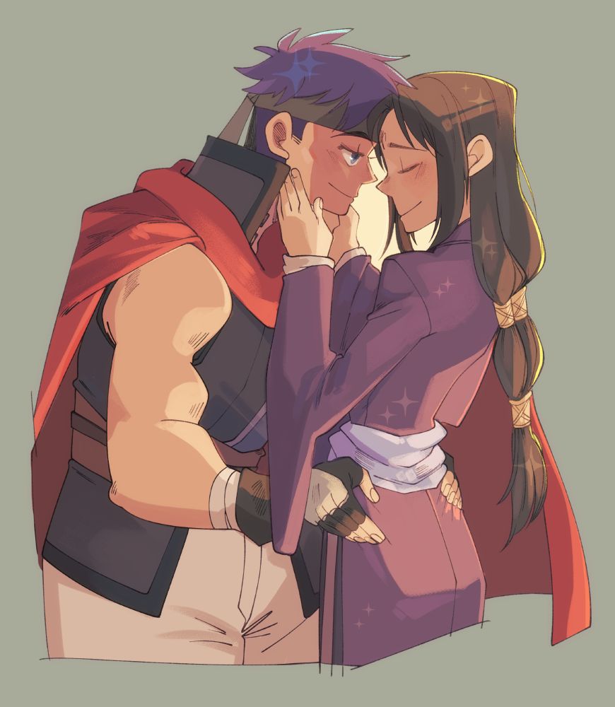 Ike and Soren from Fire Emblem: Radiant Dawn being in love. Soren's touching Ike's face and they're pressing foreheads together. You ever think about how Ike is the only person Soren has ever loved and trusted. You ever think about how Soren was resigned to never find goodness in his life. Anyway.  #tellius #ikesoren 