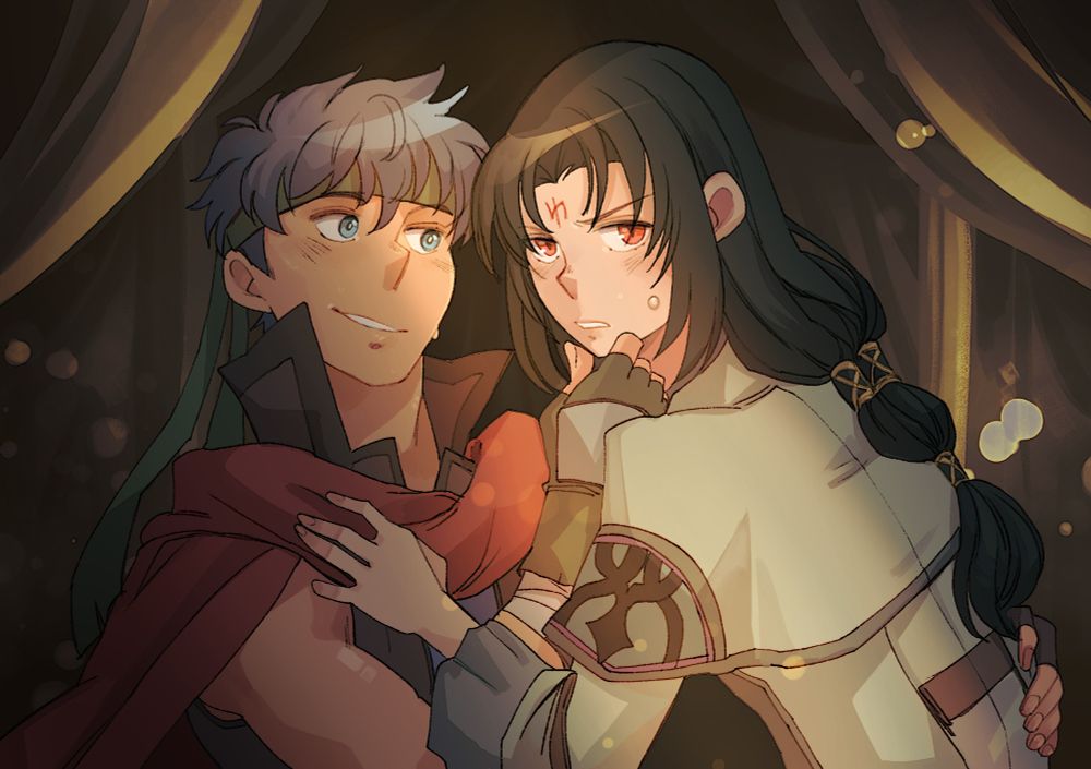 Ike and Soren from Fire Emblem: Radiant Dawn being tender in a tent ok, but also now Soren's annoyed. Maybe it doesn't bother Ike for someone to barge in without thinking, but he's docking someone's pay seriously. He's going to fucking do it. 

Anyway this is #ikesoren 
