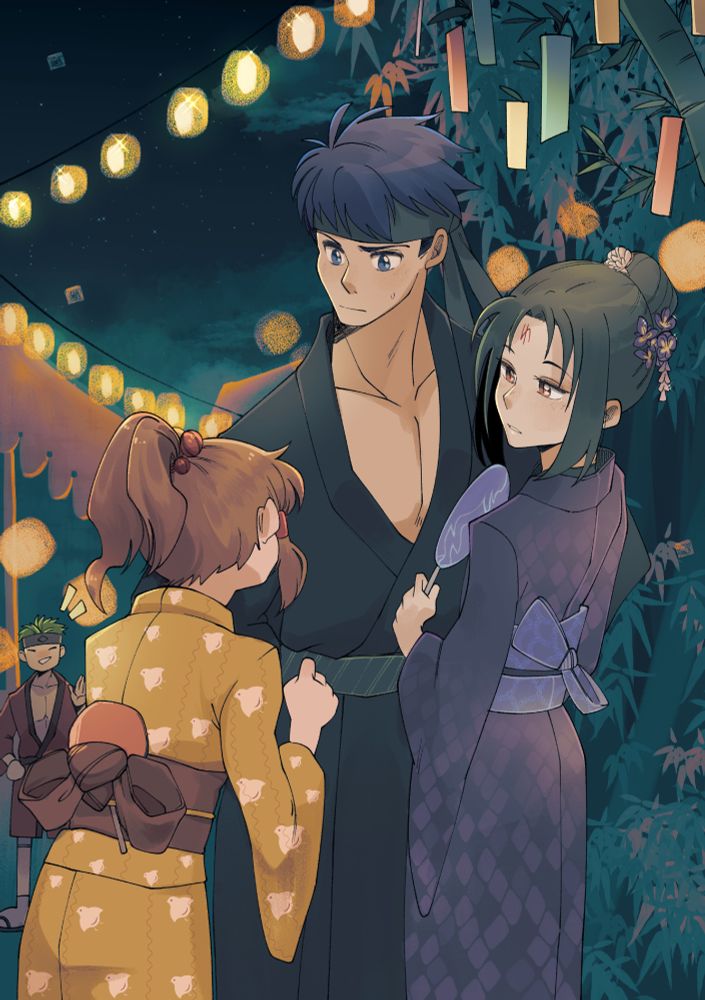 An illustration of Ike, Soren, Mist, and Boyd from Fire Emblem: Radiant Dawn enjoying Tanabata. Mist is going to ditch her brother to go hang out with her boyfriend and Ike's thinking of how to get rid of Boyd. I put Soren in a muted women's yukata because I think the silhouette is closer to his actual robes in Radiant Dawn. Also he looks cuter.  #ikesoren #tellius 