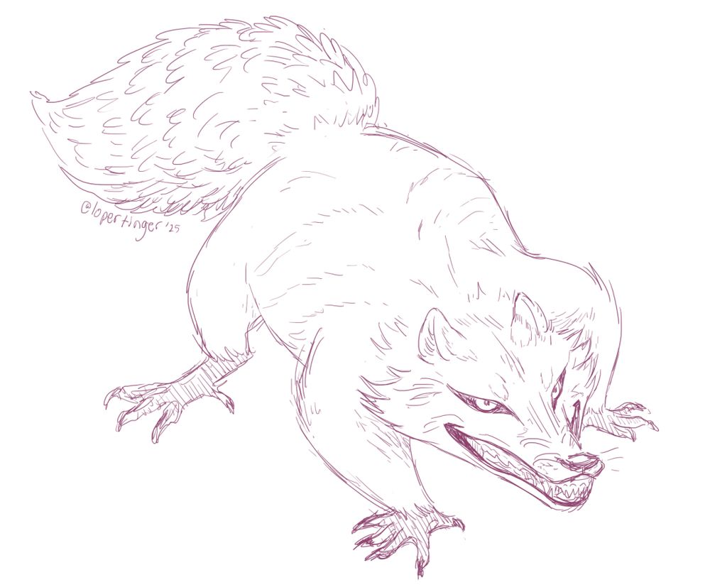 digital drawing of some sort of fat, fluffy-tailed, squirrel-raccoon-possum creature thing. it's standing squat on all fours with a nasty sneer on its face