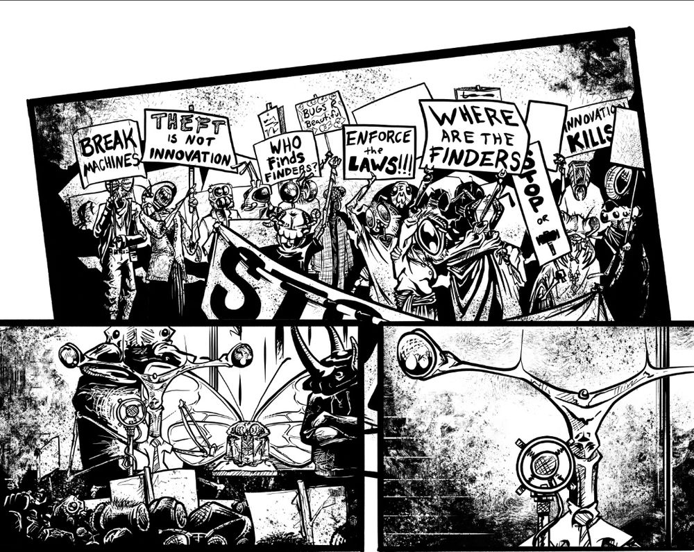 3 panels of a comic book page showing insects protesting