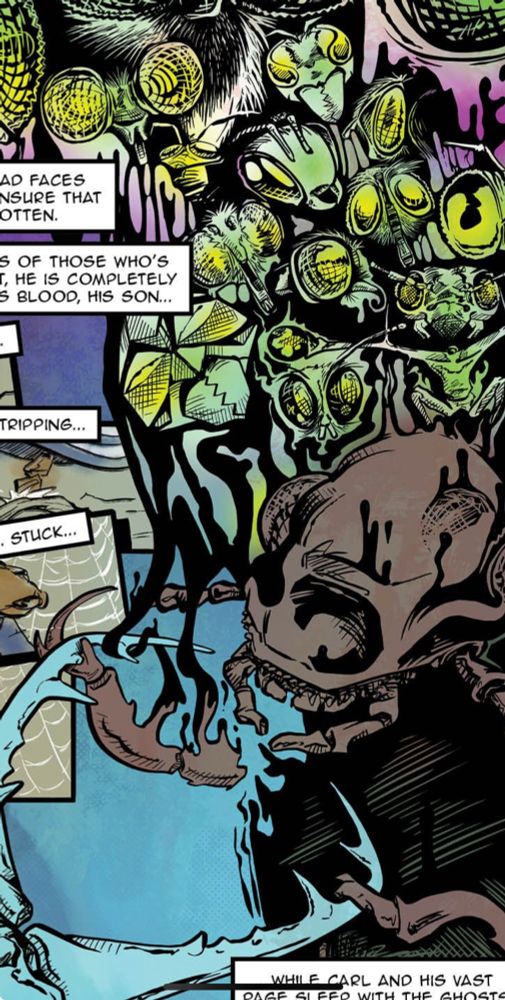 Colored comic page of a nightmare, beetle, melting upward into green faces of insects
