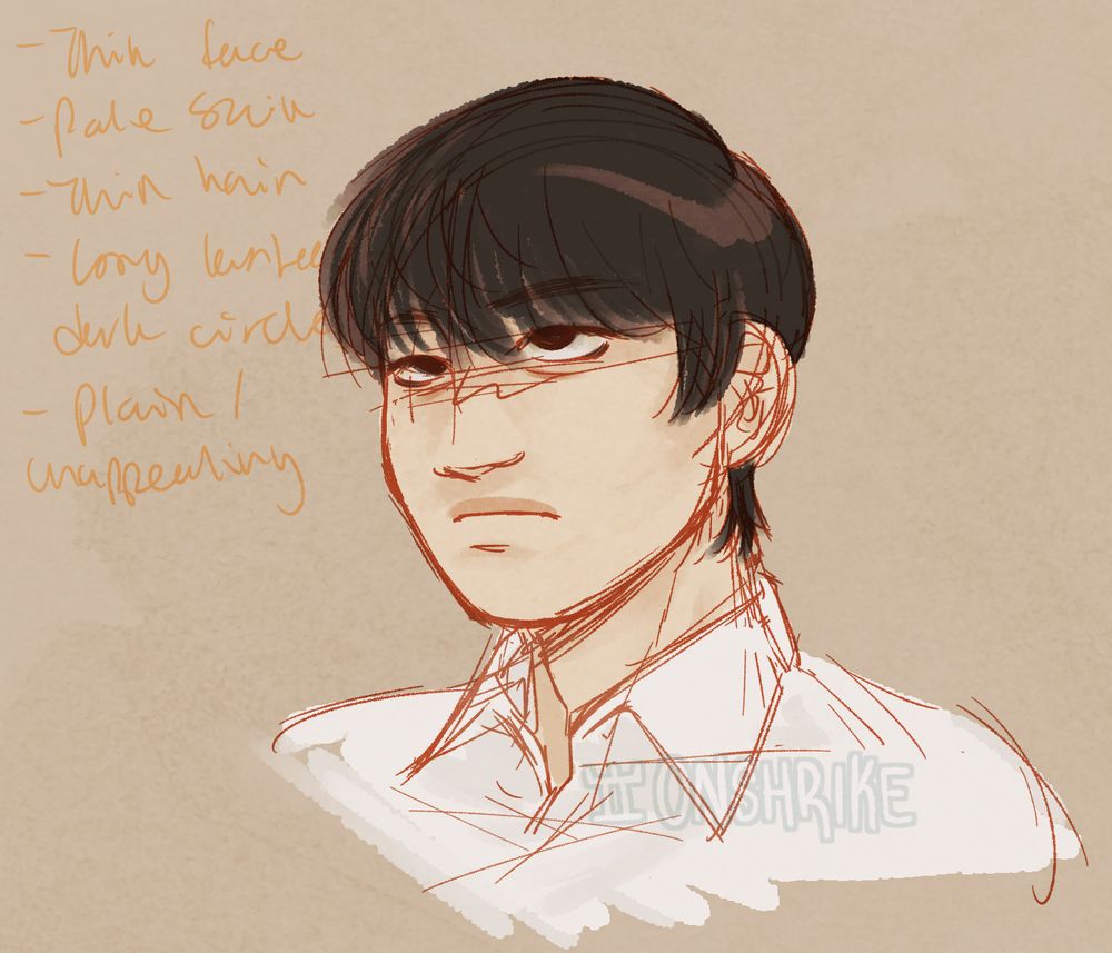 A bust sketch of Kim Dokja from Omniscient Reader's Viewpoint. He is a plain-looking Korean man, with pale skin and short black hair. His expression is neutral and his bangs cover his forehead, just barely obscuring his eyes. He wears a plain white button-up shirt. 