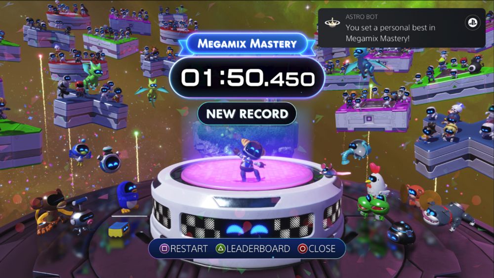 Screenshot of the goal platform of Megamix Mastery in Astro Bot, showing that Sorc has set a new personal record time of one minute and fifty point four five zero seconds.