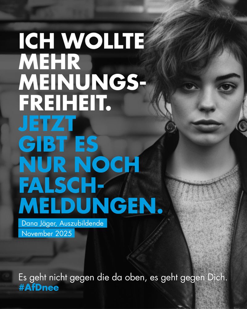 "Ich wollte mehr Meinungsfreiheit.
Jetzt gibt es nur noch Falschmeldungen."
Dana Jäger, Auszubildende, November 2025

Es geht nicht gegen die da oben, es geht gegen Dich. #AfDnee