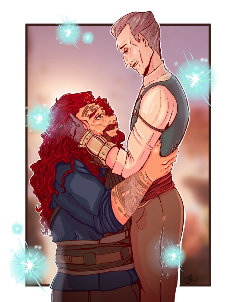 Emmrich Volkarin and a dwarven Rook stare lovingly into each others eyes as magical wisps hover around them
