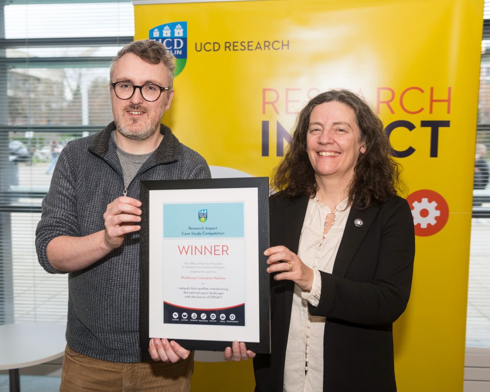 Dr David Murphy, a post-doctoral researcher in the UCD Space Science group, and Professor Lorraine Hanlon, Director of UCD Centre for Space Research and Professor of Astronomy at UCD School of Physics Credit: Vincent Hoban

