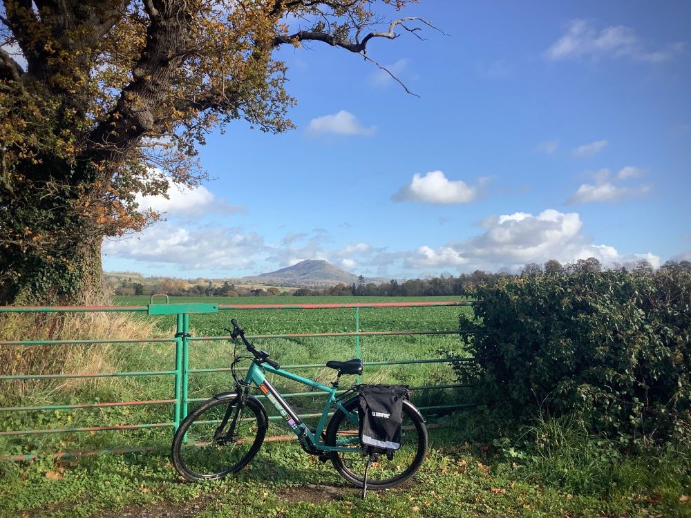 A bicycle parked in front of a metal field gate on a bright autumn morning. To the right is a thick hedge of ivy and to the left is a large oak tree, leaves turning golden and scattering over the ground. The sky is mostly clear, with a few puffy clouds gathering on the horizon, where we can also see the solid, majestic hump of the Wrekin poking up above farmland. 
