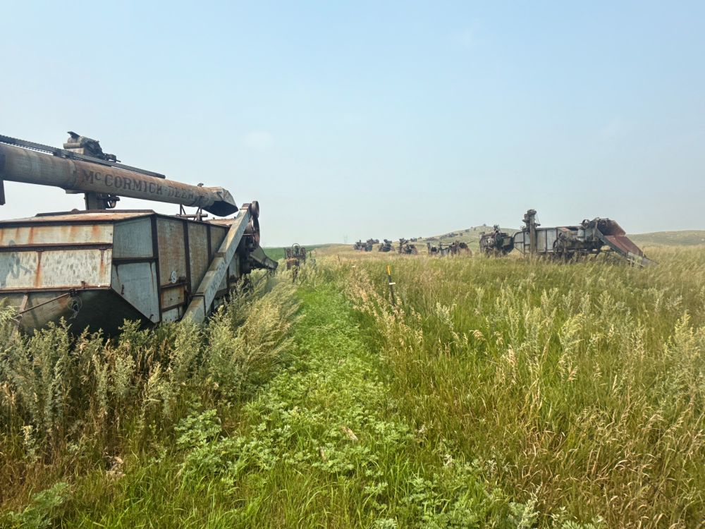 Photograph of derelict threshing machines stretching to the vanishing point up a hill among prairie grasses under a pale blue sky 