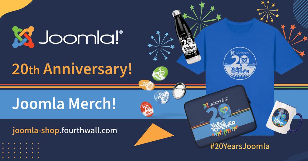 Merchandising articles and Headline Joomla! 20 th Anniversary! Joomla Merch!