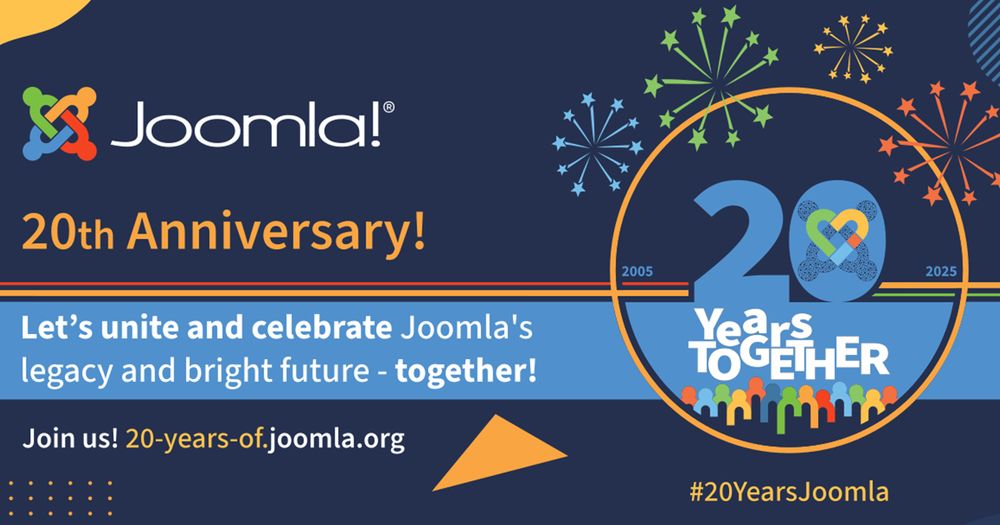Joomla! 20th Anniversary celebration banner with colorful fireworks and a crowd illustration, highlighting unity and legacy from 2005 to 2025.