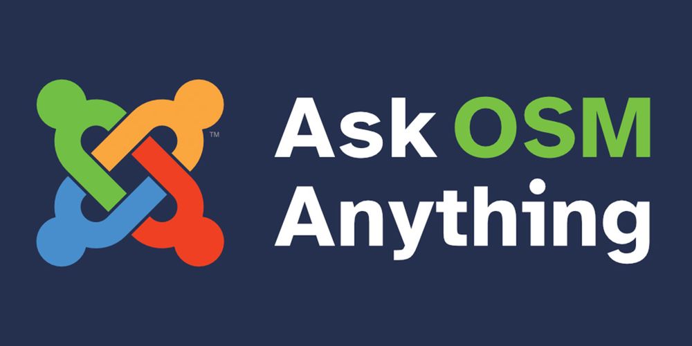 Joomla logo next to the phrase 'Ask OSM Anything' on a dark blue background.