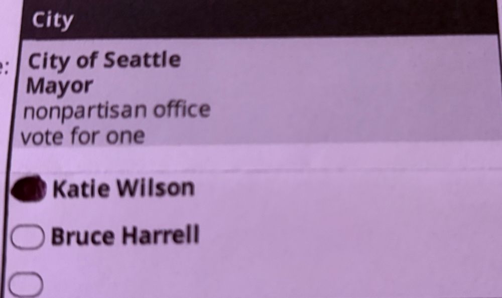 Shot of ballot showing bubble colored in (barely staying in the lines hehe) for Katie Wilson