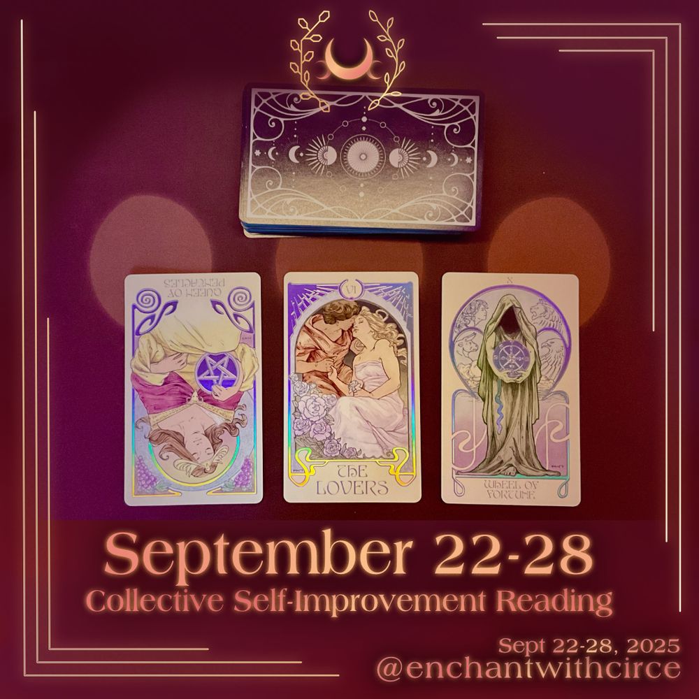 A three-card tarot spread indicating the queen of pentacles (reversed), the lovers, and the wheel of fortune on a maroon background with gold decoration.