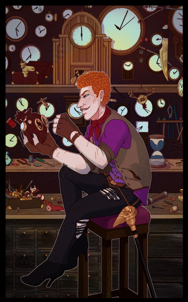 Bad Grief from the game Pathologic. He is dressed in a purple shirt, torn black pants and high-heels. Tattoos are visible through the holes and he has scars on his arms. He's fixxing a mechanical arm. He's sitting on a high-stool with a vulture golden cane resting against it. Behind him a workstation and shelves covered in clocks all showing different times, parts, and toys. There's an hourglass running backwards, a mobile is hanging from the ceiling, it has a metallic knife, a mechanic spider, and ferrymen coins hanging from it