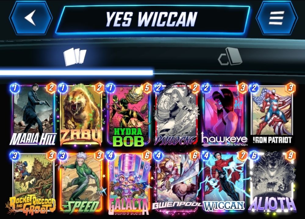 # (1) Maria Hill
# (1) Zabu
# (1) Hydra Bob
# (2) Psylocke
# (2) Hawkeye Kate Bishop
# (2) Iron Patriot
# (3) Rocket and Groot
# (3) Speed
# (4) Galacta
# (4) Gwenpool
# (4) Wiccan
# (6) Alioth
#
SXJuUHRydEIsS3RCc2hwQSxTcGQ1LFdjY242LFpiNCxIZHJCYjgsUHNsY2s4LFJja3RBbmRHcnRFLEdsY3Q3LEd3bnBsOCxBbHRoNixNckhsbDk=
#
# Para usar este mazo, cópialo en tu portapapeles y pégalo desde el menú de edición de mazos en MARVEL SNAP.