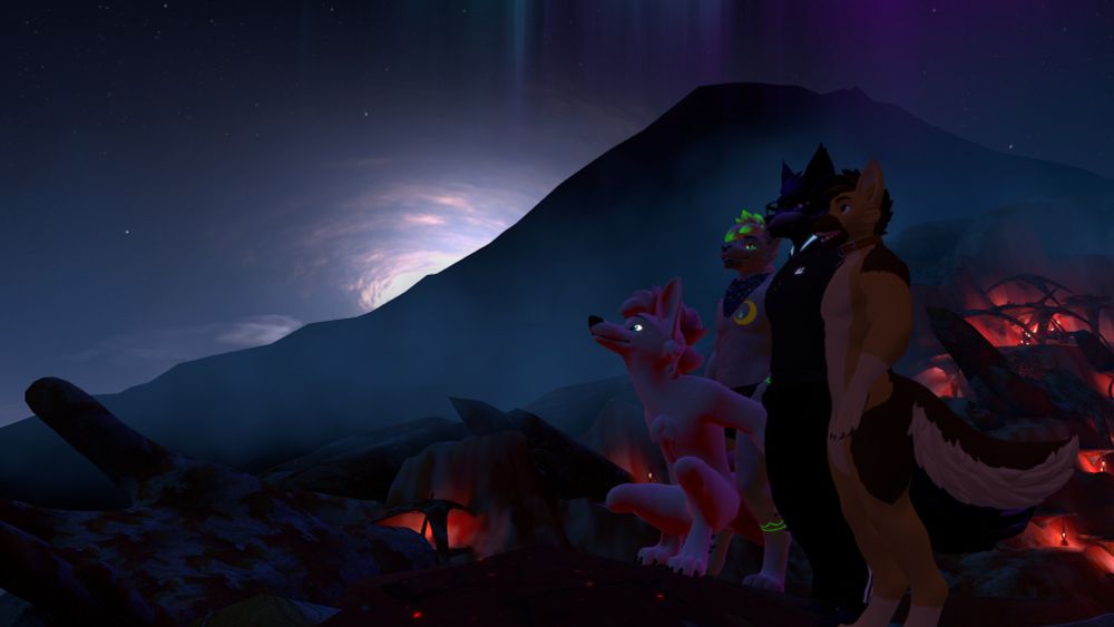 Standing on the fingertip of a statue embracing a settlement in this twilight world that's lit only by the light spiraling into a singularity on the horizon. Astral, Rail, Solace, and I enjoy the view for a bit.

VRC🌐 "Transience"
https://vrchat.com/home/world/wrld_38646e89-6117-48a9-aab9-aea64c1cd629/info