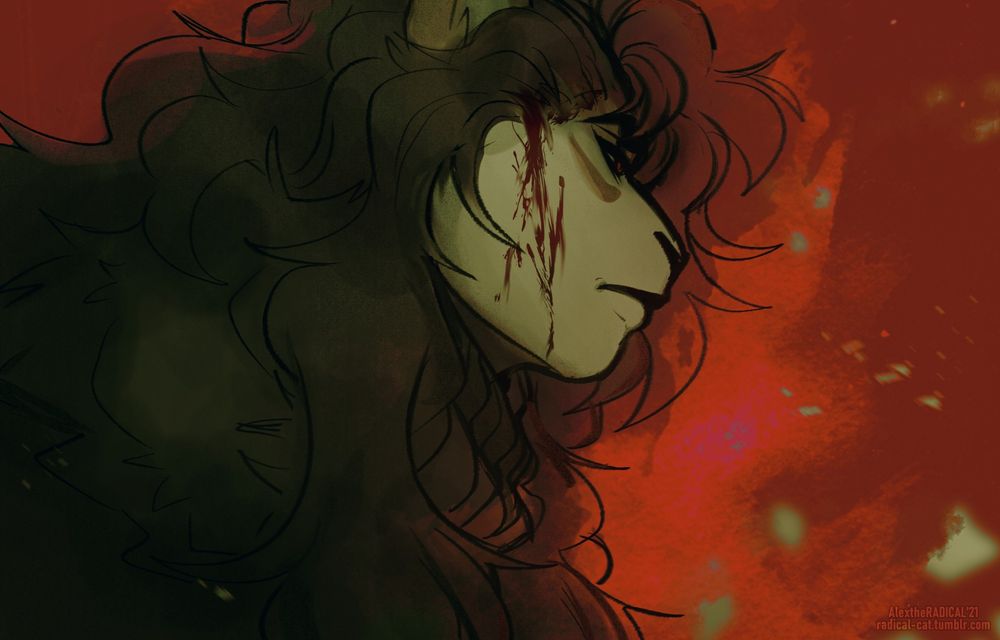 An anthropomorphic tiger cat staring off to the left. Blood is splattered across his face. (he/him)