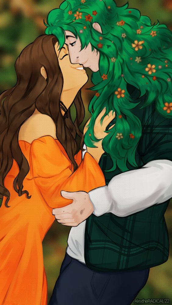 Painted illustration of a sapphic couple. Reina, woman in orange, is smiling while Clove holds her arms, bringing her in close.