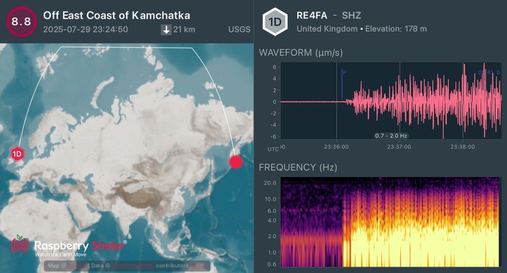 M 8.8 - 2025 #Kamchatka Peninsula, Russia #earthquake as seen in #Edinburgh on my @raspishake.bsky.social.  Many smaller quakes and a #tsunami warning followed.  Reported as one of the strongest earthquakes ever recorded - in the top ten.  #USGS info: https://earthquake.usgs.gov/earthquakes/eventpage/us6000qw60/executive