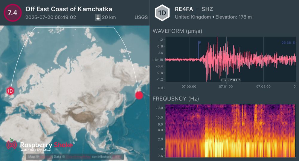 M 7.4 #earthquake - 2025 Eastern Kamchatka, Russia as captured in #Edinburgh on my @raspishake.bsky.social hardware.