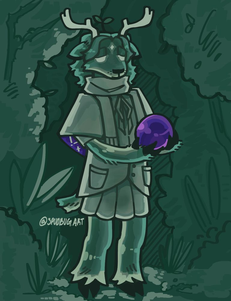 Fullbody drawing of the character Vale, owned by DeerWithNoFace on Art Fight. Vale is an anthro deer character that is bluish colored and ghostly. They are holding a crystal orb and looking at it sadly. They are in a forest. 
