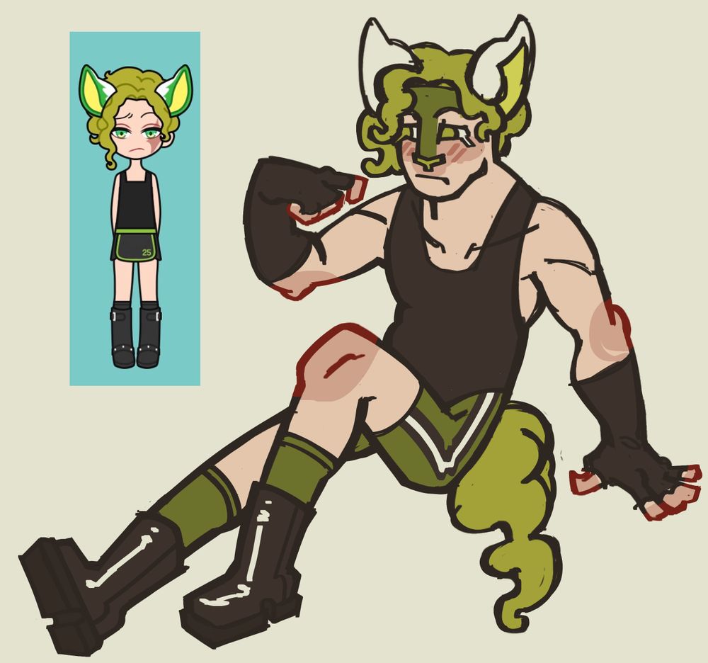 A drawing of a humanoid character. They have pale skin and green hair. They have a tail the same color as their hair. They have white ears with light green inside. Their outfit consists of long fingerless black gloves, a black leotard over dark green shorts, long green socks, and black boots. 