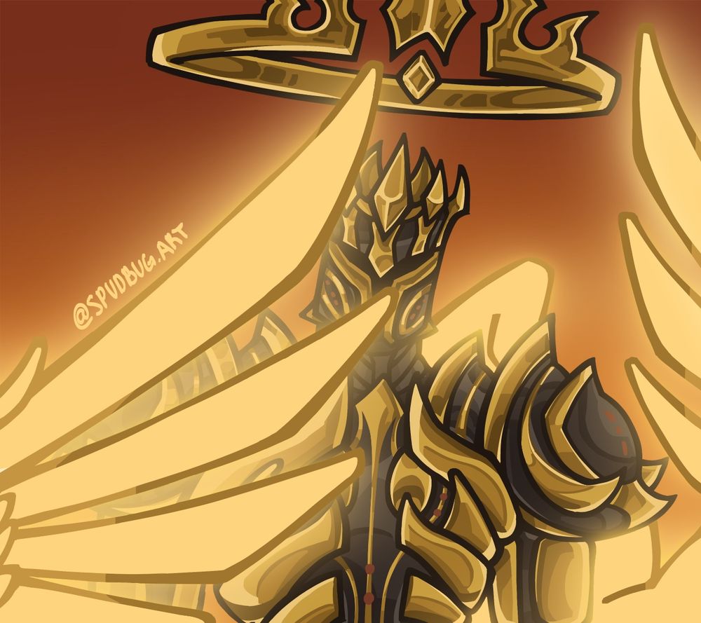 Half body drawing of a character named Triumph, owned by @bigM1stake.bsky.social. He is an armored character with dark blackish armor with lots of gold trim. He has feathers from his wings in front of him and they are glowing.