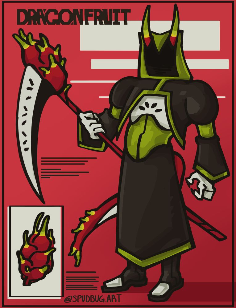 A dragonfruit inspired character. They wear a cropped long sleeved black coat with a green hood and green trim. They have a shirt underneath that is white and detail-less besides 4 black seeds. They have a green corset with a long black skirt with green trim on the bottom, underneath they have long black boots that are white toed. Horns protrude out from the top corners of the hood going from a dark green to light green to yellow to a saturated pink-ish red. They have white hands with black claws. In one hand they clutch a pinkish red scythe that has a dragonfruit at the head of it, a blade comes of of the dragonfruit and it is white and black, with the white part having seeds on it. They also have a tail that is a similar pinkish red with a white underside.