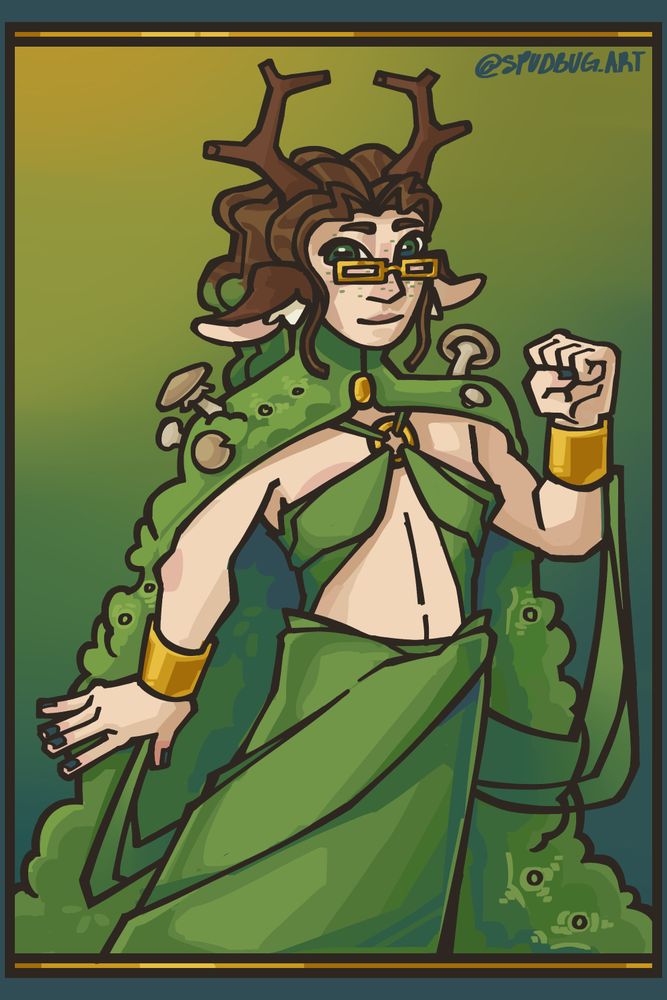 A drawing of a woman wearing a moss cape, with a flowy fabric dress and gold bracelets. She has a pair of animal ears, presumably deer, and antlers. She is wearing gold glasses. 