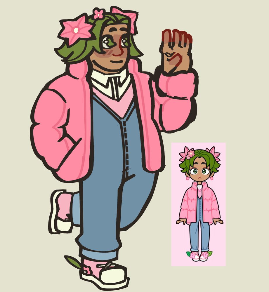 A drawing of a human character. They have light brown skin and green hair. They have pink flowers in their hair. They are wearing overalls with a pink puffer jacket overtop. Their shoes have a flower detail on them with a leaf coming off of the shoe. 