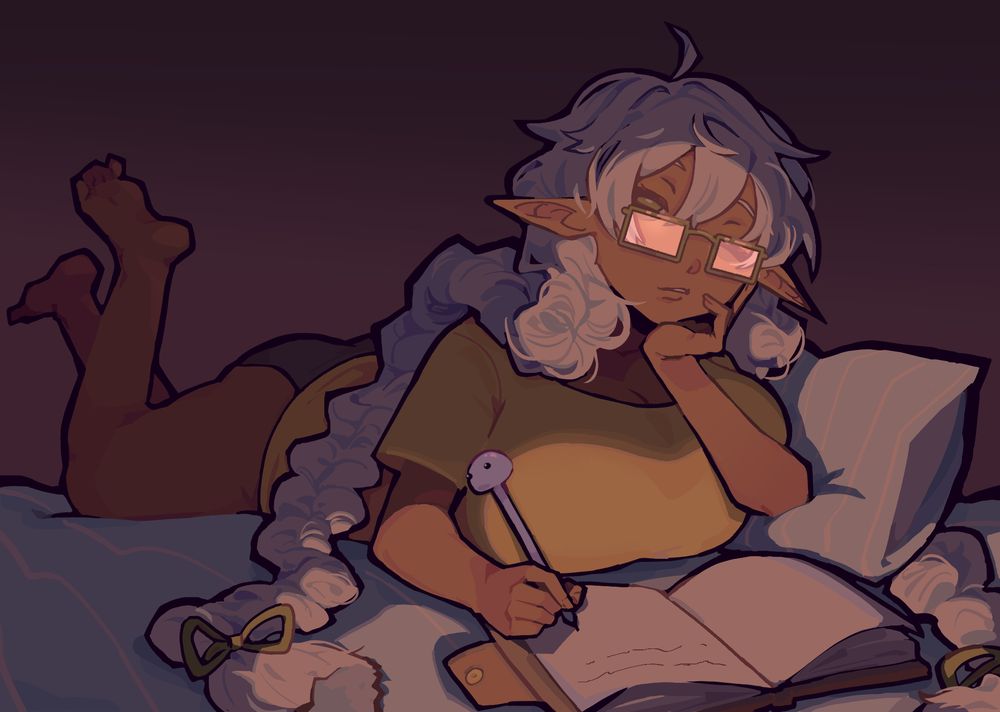 A woman with elf ears, brown skin, and long silver hair twisted into two big braids. She's lying on her stomach in her bed and writing in a journal, struggling to keep awake.

The room is dark, with only a single light source shining directly at her book and face.