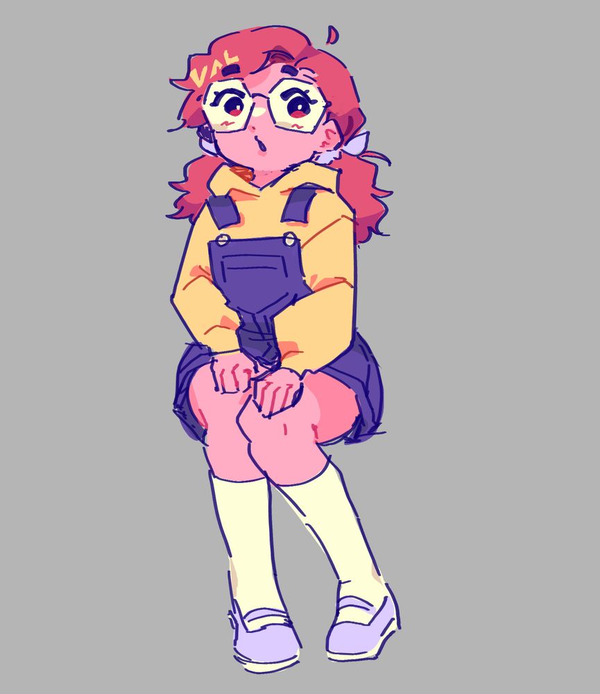 Coloured sketch of my sona. She's sitting with her hands on her knees and making a sort of surprised face. 
