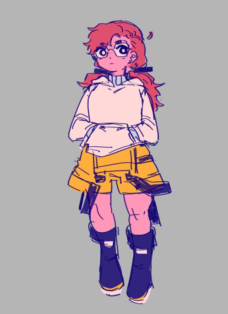 Coloured sketch of my sona. She has a stern look on her face. Both her arms are in the pocket of her hoodie, and the top and straps of her yellow overalls are hanging down in front of her.