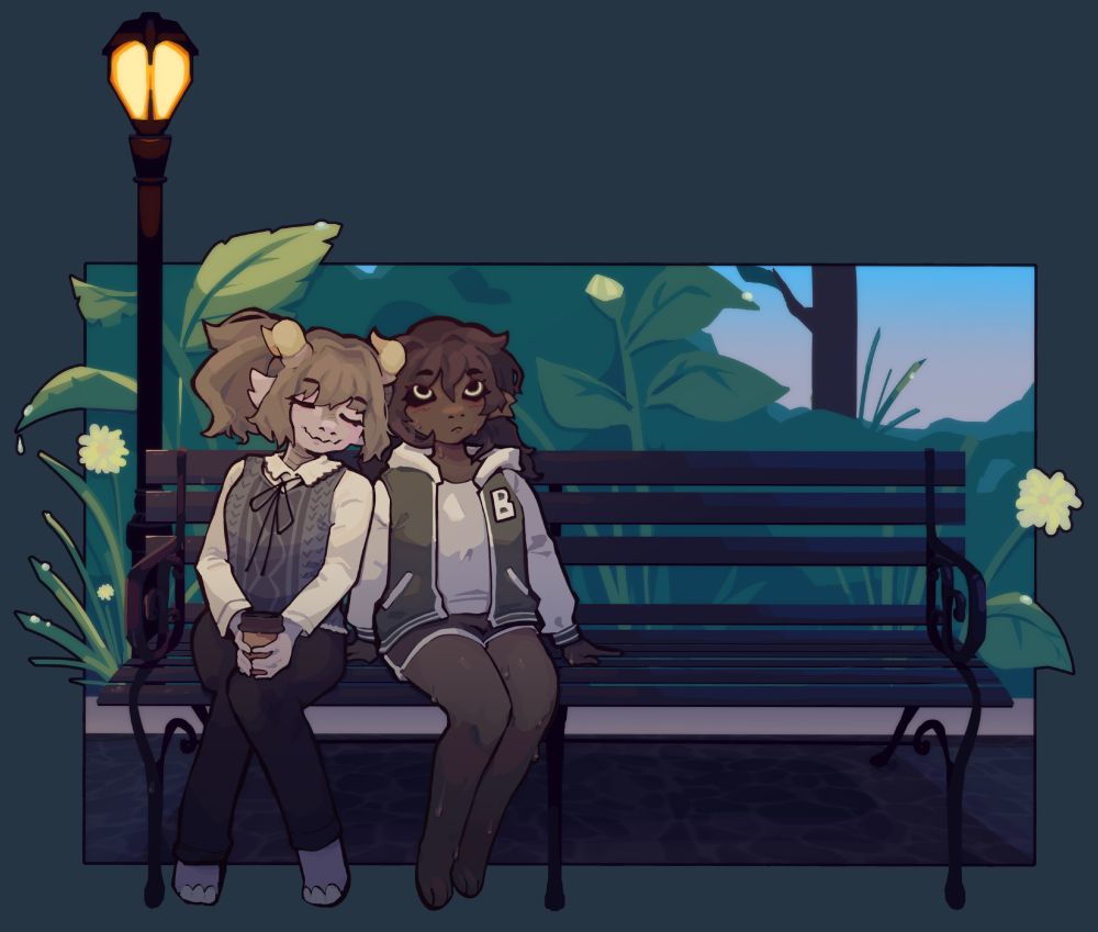 Illustration of two girls leaning against each other on a park bench.

Morning dew rests on the leaves and foliage behind the bench. The sky is getting brighter yet the streetlamp still glows, illuminating the two. 
