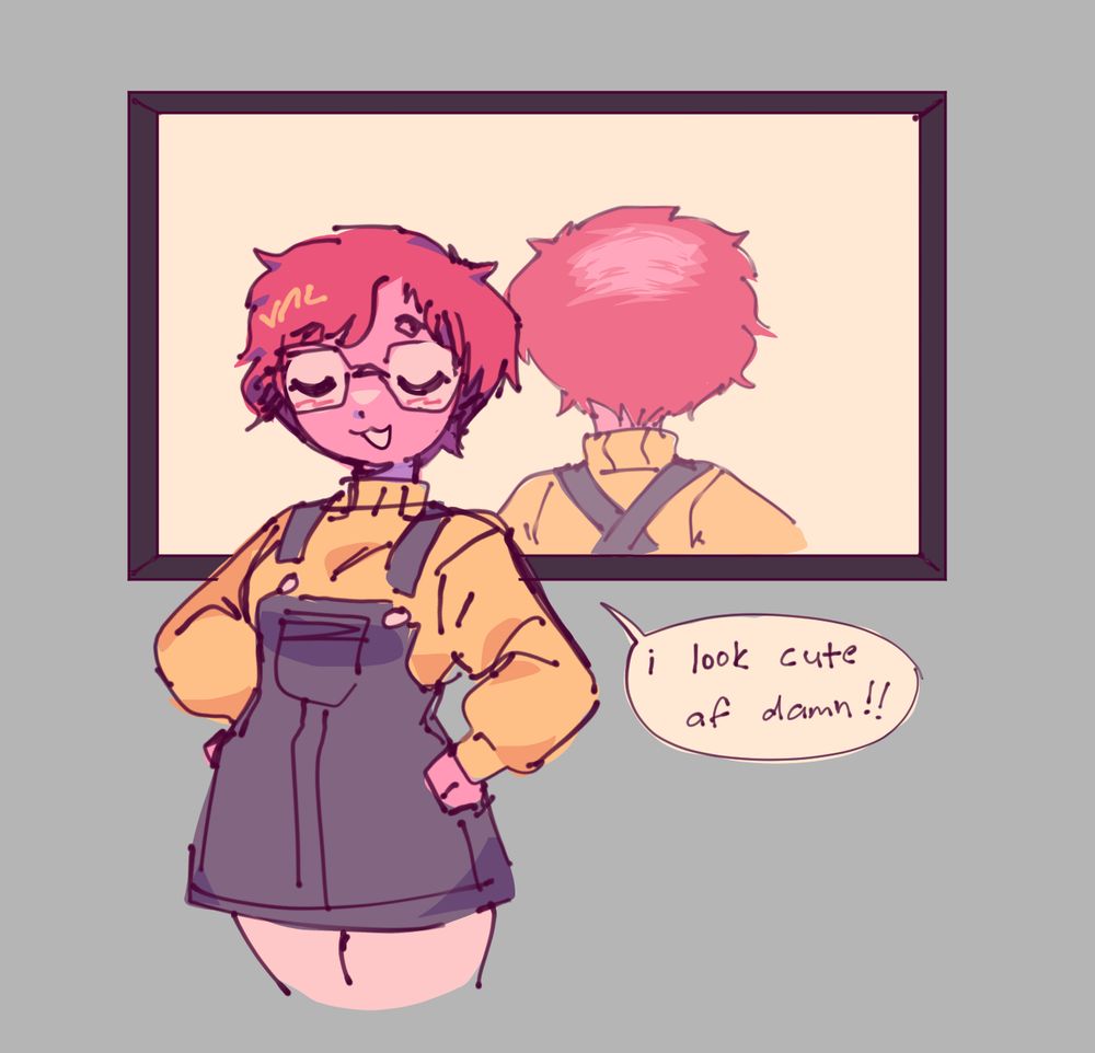 My sona with a pixie cut. Behind her is a mirror that shows her backside, revealing the massive bald spot on her head. She's unaware of this and says "i look cute af damn!!" with a satisfied look on her face.