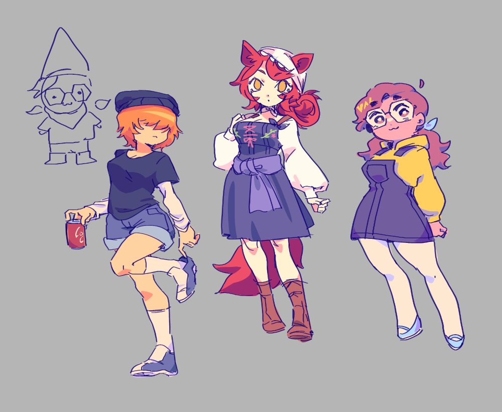 A collection of full body sketches. The two in the middle are done for art fight. On the left is an OC with fluffy short hair covering her eyes and a beanie. She's adjusting her shoe. On the right is an OC with fox ears and tail, red hair, and a dress.

On the rightmost is my sona, with vibrant purple and yellow colours. On the upper leftmost is a crudely drawn sketch of my sona as a gnome. 