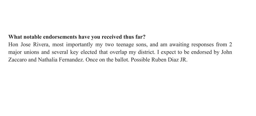 Chippewa Democratic Club - Council District 13 Candidate Questionnaire Responses (Joel R. Rivera)
May 12, 2025

What notable endorsements have you received thus far?
Hon Jose Rivera, most importantly my two teenage sons, and am awaiting responses from 2 major unions and several key elected that overlap my district. I expect to be endorsed by John Zaccaro and Nathalia Fernandez. Once on the ballot. Possible Ruben Diaz JR.