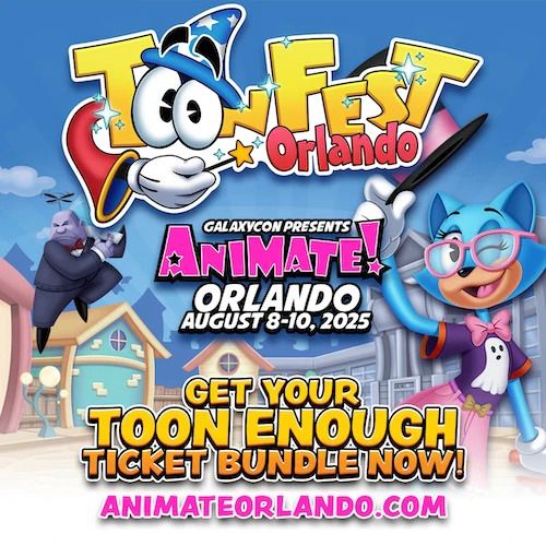 A promotional graphic for ToonFest Orlando, featuring the logo at the top in front of a backdrop of Toontown. This promotes the Toon Enough Ticket Bundle, available for purchase ahead of the show.