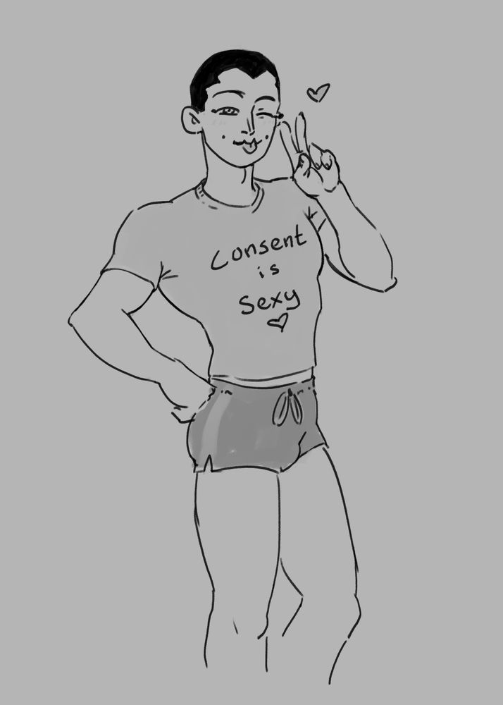 Drawing of Usami Tokishige wearing tight short-shorts and a tight T-shirt with the text "Consent is sexy" on it