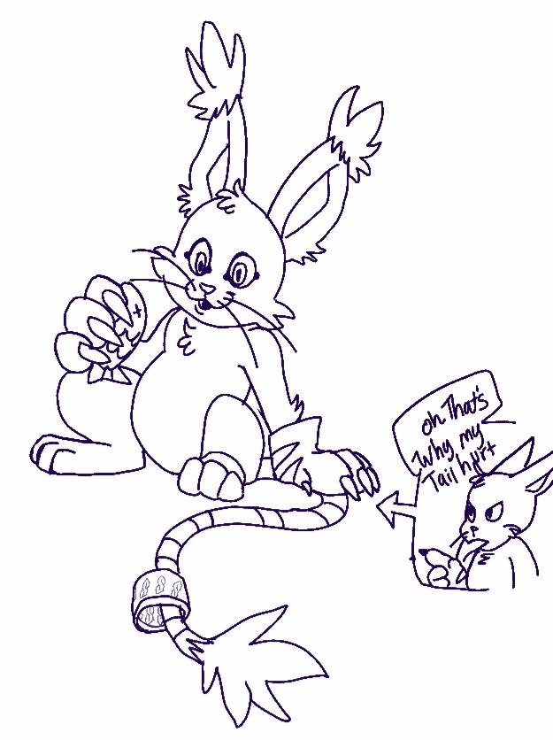 A fluffy gatomon looks at a fish. She's also putting her weight on her tail as she later realizes that's why her tail hurts