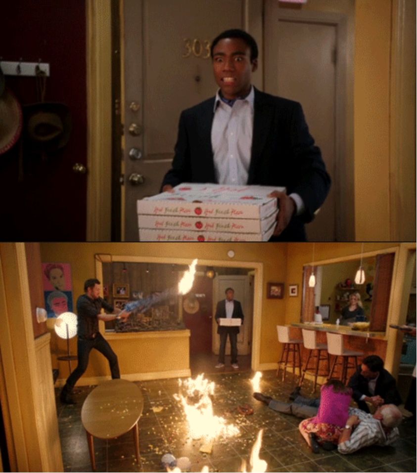 The Donald Glover / trey from community meme where he walks into a room with pizza and everything is chaos