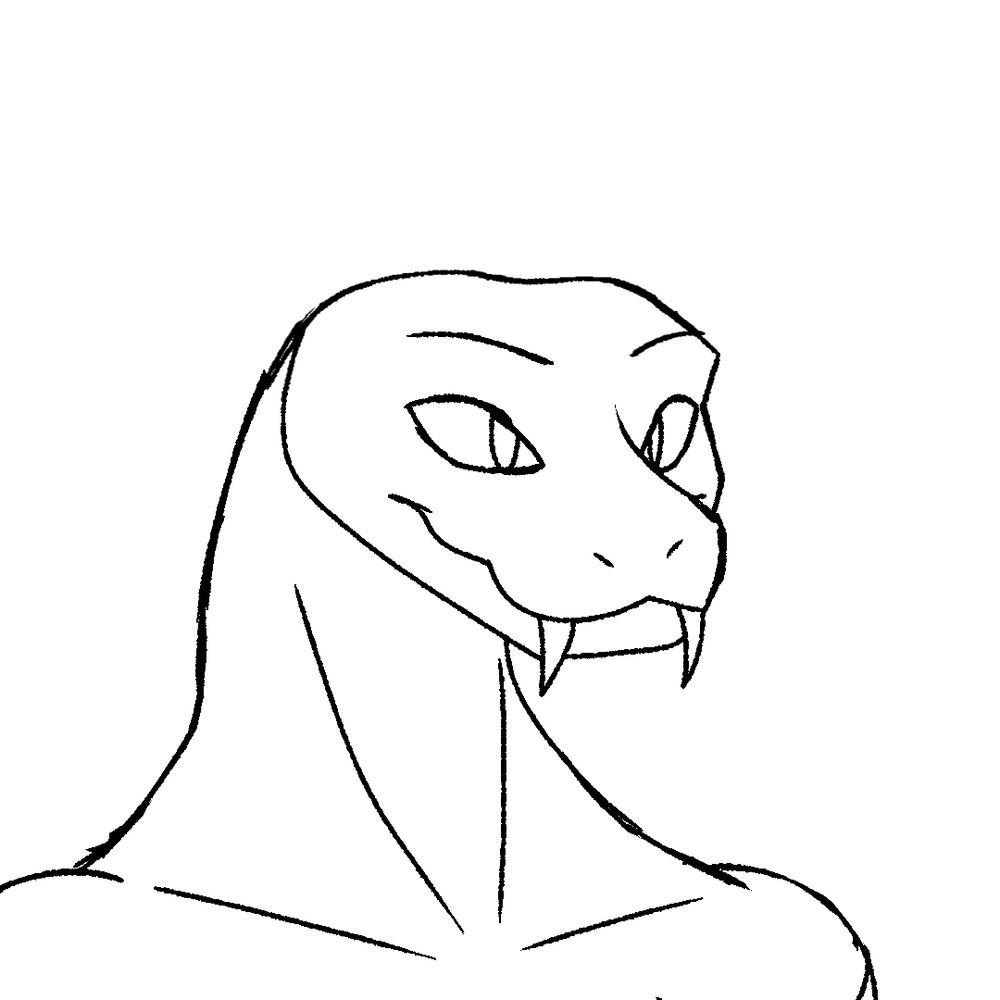 Tentativa de desenho digital da cabeça aos ombros de uma cobra antropomórfica em ângulo 3/4 (três quartos) sorrindo