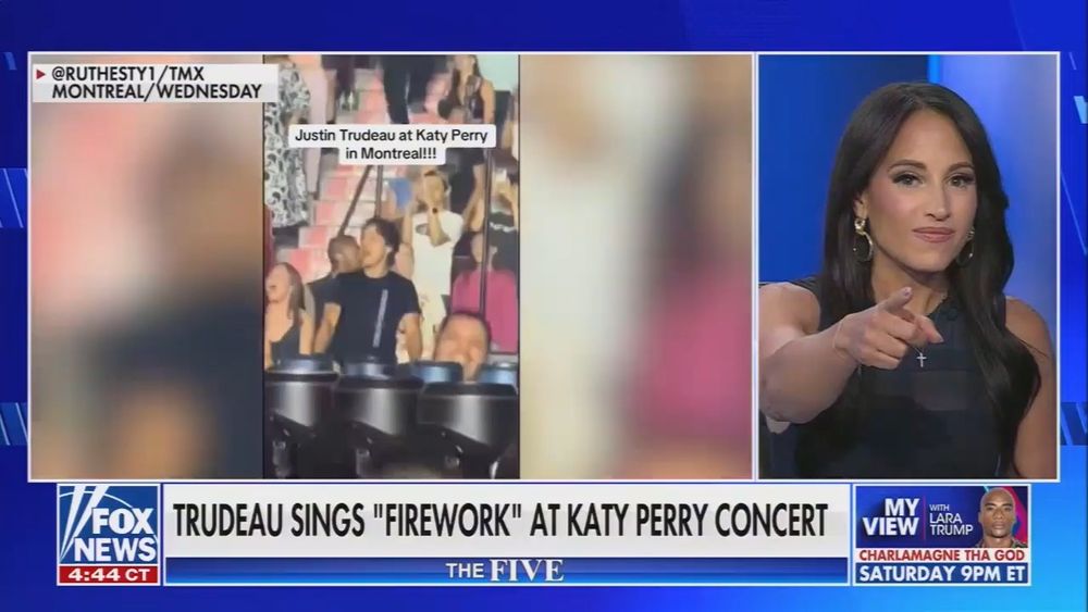 screenshot of fox news' shows emily compagno pointing at the camera next to a video of justin trudeau singing at katy perry's concert

chyron: "TRUDEAU SINGS 'FIREWORK' AT KATY PERRY CONCERT"