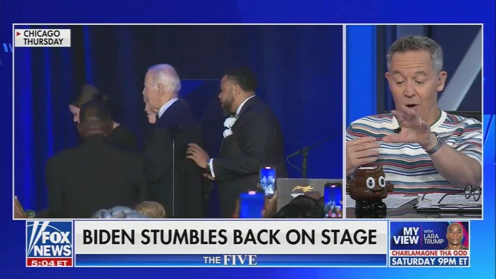 screenshot of fox news' "the five" shows greg gutfeld talking next to a video of joe biden at a recent speaking engagement

chyron: "BIDEN STUMBLES BACK ON STAGE"