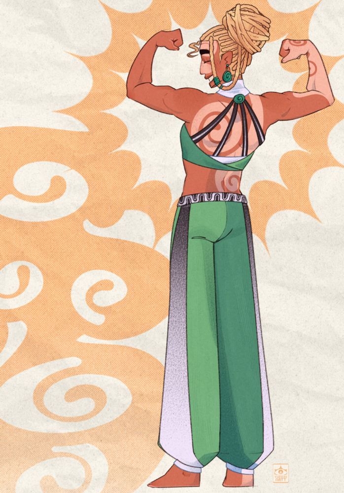 Desenho digital de uma personagem original minha
Negra vitiligo que tem formato de espirais pela pele, roupas esverdeadas com detalhes preto e branco, cabelo loiro e em locs
A personagem está fazendo uma pose de costas e sorrindo